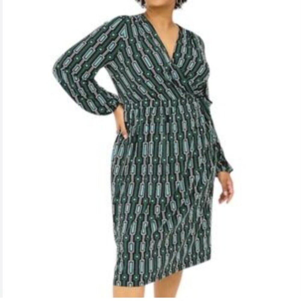 Lane Bryant wrap dress is a patterned midi dress with a geometric design